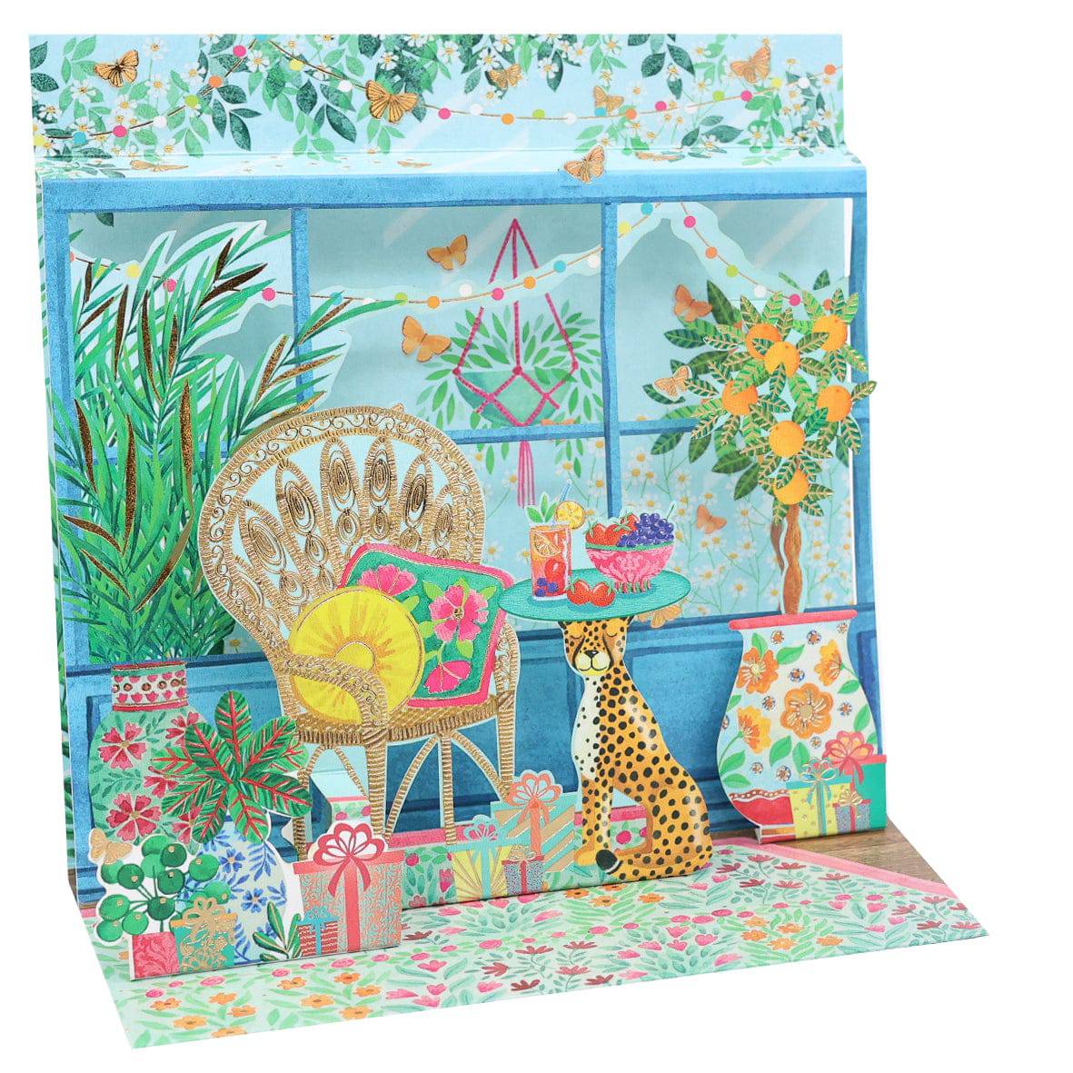 Pictura Veranda Large Pop-Up Card featuring a detailed floral veranda design with vibrant colors and intricate paper craftsmanship.